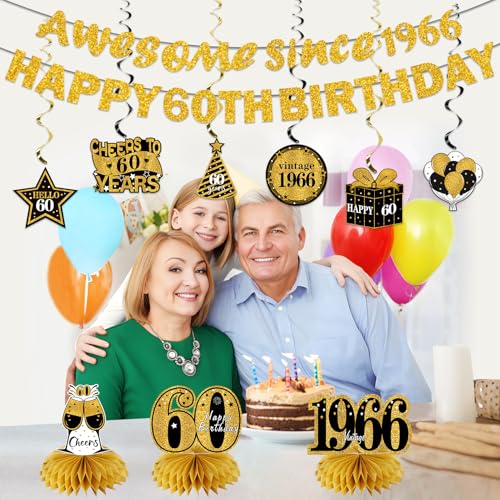 Image of Kuxriox 11Pcs 60th Birthday Decorations Kit for Men Women, Black Gold Happy 60th Birthday Banner, Awesome Since 1966 Centerpieces Swirls Party Supplies, Sixty Bday Banner Ceiling Table Topper Sign