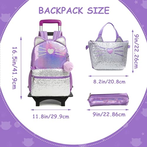 Rolling Backpack for Girls 6-8 with Lunch Bag Pencil Case Rolling Casual Cute Cat Backpacks with Wheels for Elementary Students2