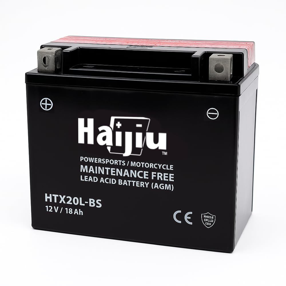 Haijiu HTX20L-BS Batería de Arranque AGM para Moto, Harley y ATV | 12V, 18 Ah, 310 CCA | Sin Mantenimiento, Antivibración