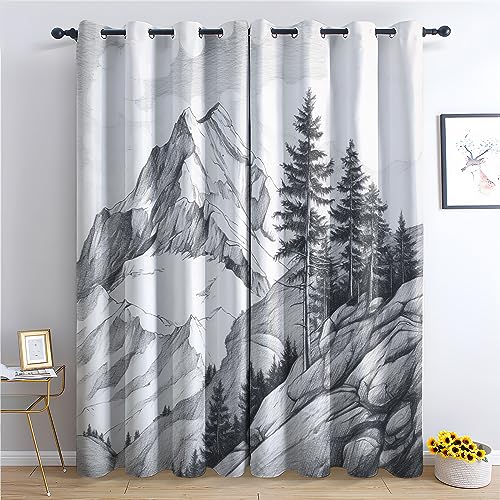 Rideau Occultant Montagne - Isolant Thermique pour Salon et Chambre, Motif Naturel, Opaque à Œillets, Lot de 2 Draperies Intérieur 140x240cm LxH