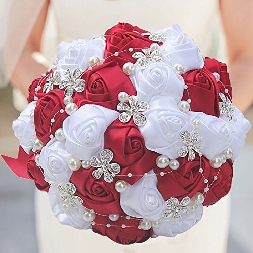 S-SSOY Customizable Romantic Wedding Bouquets Silk Flowers Bridal Holding Roses Bride Bridesmaid Brooch Bouquet with Pearl Diamond Crystal Ribbon Valentine