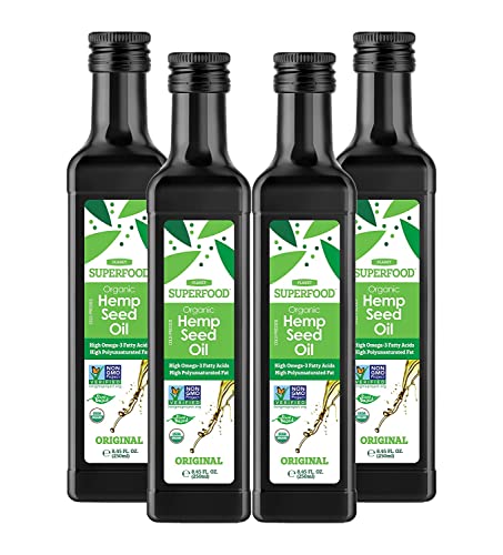 Aceite de semilla de cáñamo prensado en frío 100 % certificado orgánico - Aceite de cáñamo vegano rico en proteínas omega 3 para una dieta cetogénica y paleo saludable (Natur, 4 x 250ml) Cover