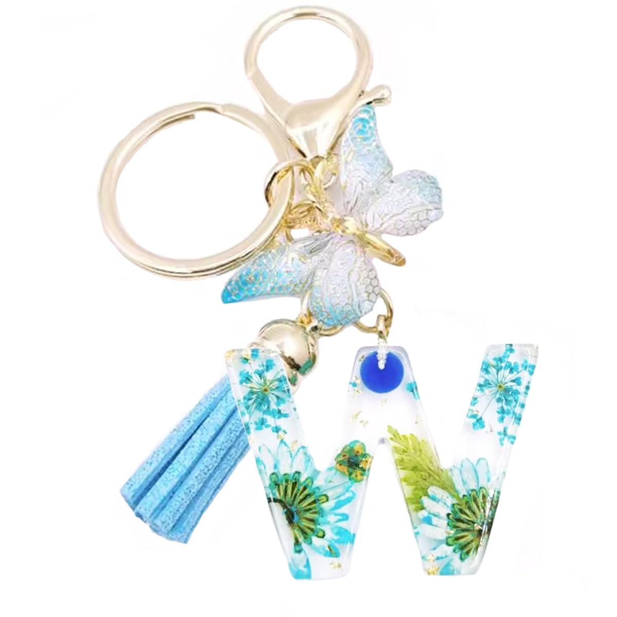 jtkdxqs A-Z Letter Keychain Little Blue Daisies with Tassel Butterfly Car Keychains for Women Backpack Handbags Pendant