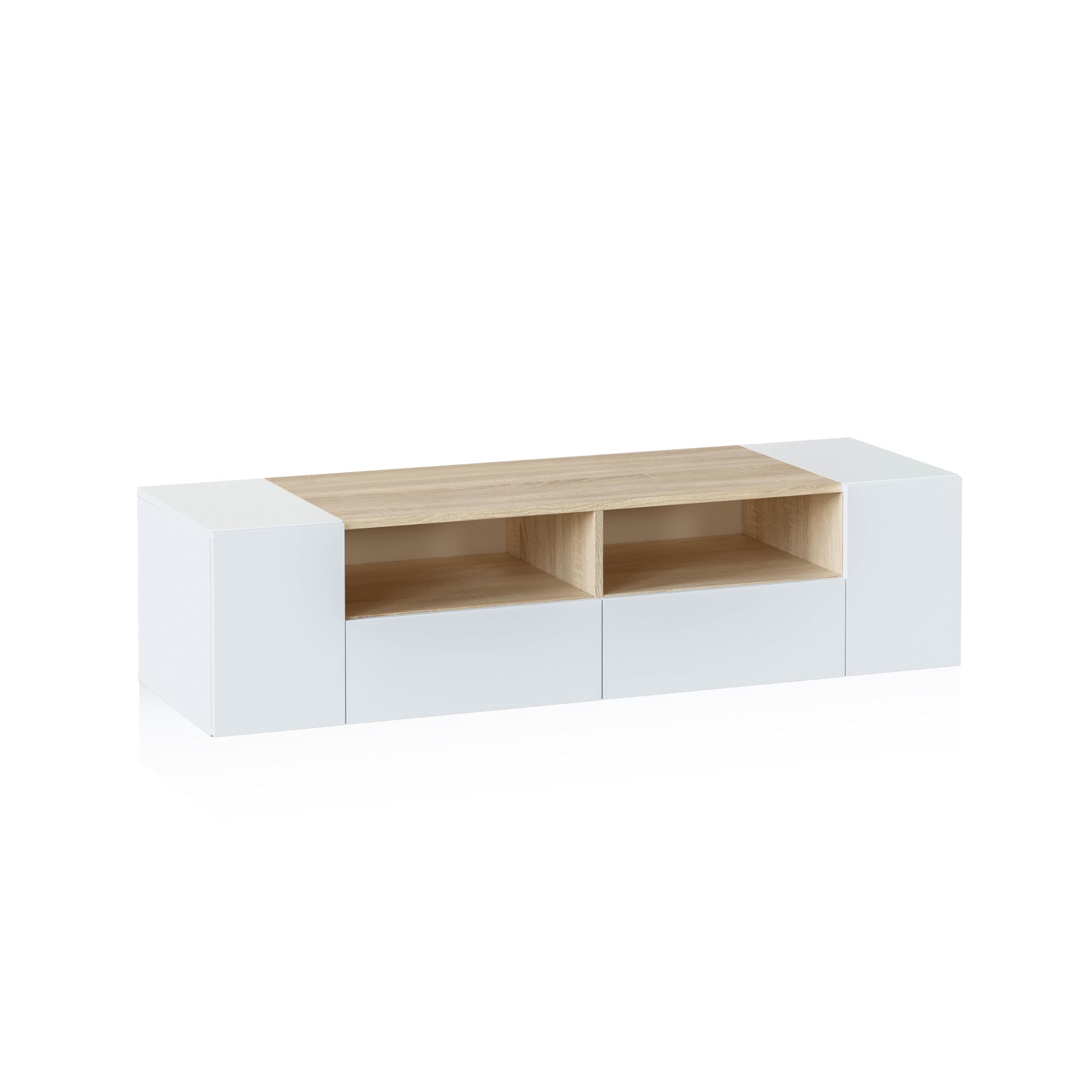 duehome | Modulo TV, Mueble de Salon, Juego de Muebles, Modelo Nima, Acabado en Blanco Artik y Roble Canadian, Medidas: 138 cm (Largo) x 42 cm (Fondo) x 36 cm (Alto)