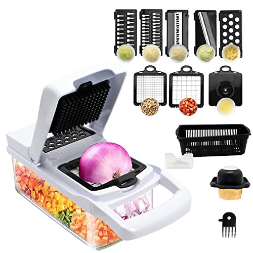 MAGIC SELECT Cortador de verdura Manual, Mandolina de Cocina Multifuncional 13 en 1-2 Cuchillas, 7 Rebanadoras Rallador, Separador de Huevo y Escurridor, Cuchillas Acero Inoxidable.