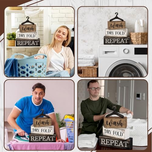 Image of Moucuny 4 Pcs Farmhouse Laundry Room Decor Stacked Blocks, Wash Dry Fold Repeat Wooden Sign Set with Vintage Hanger - Rustic Home Shelf Decor for Laundry Area Housewarming Gift