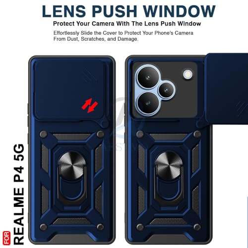 Image of AESTMO Tough Armor Realme P4 5G Bumper Back Case Cover | Ring Holder & Sliding Camera Shield Cover | 360 Degree Protection Back Case Cover for Realme P4 5G (Blue)