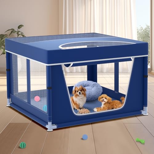 Image of 42x42x26 Inches Puppy Playpen with Top Cover, Dog Playpen for Small or Puppy, DogFence Pet Playpen for Indoor & Outdoor, Sturdy Safety Dog Pen with Durable Mesh Windows, Blue