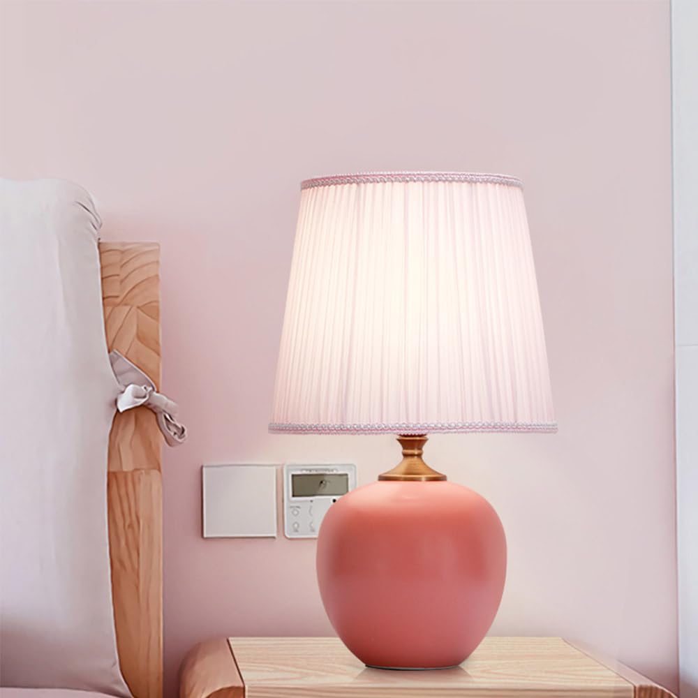 Mengjay Keramik Tischleuchte Lampe für Nachttisch Beistelltisch,Nachttischlampe aus Stoff E27 Tischleuchte Lampenschirm Tischleuchte für Wohnzimmer Schlafzimmer dekorative Beleuchtung (Rosa)