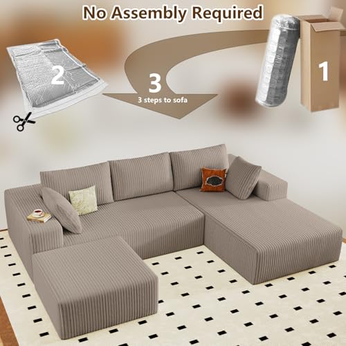 Image of 96 inch U-Shape Cloud Couch, Modern Modular Sectional L-Shape Sofa with Ottoman, Corduroy Upholstered Couches Deep Seat Chaise Longue for Living Room, No Assembly Required(Camel, Right Facing)