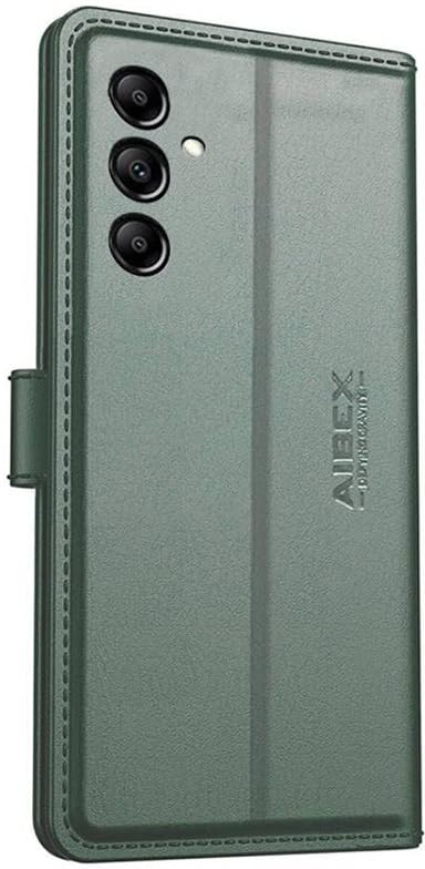 Image of AIBEX Compatible for Samsung A05S Flip Cover Leather Finish | Inside TPU with Card Pockets | Wallet Stand | Complete Protection Flip Case - Green