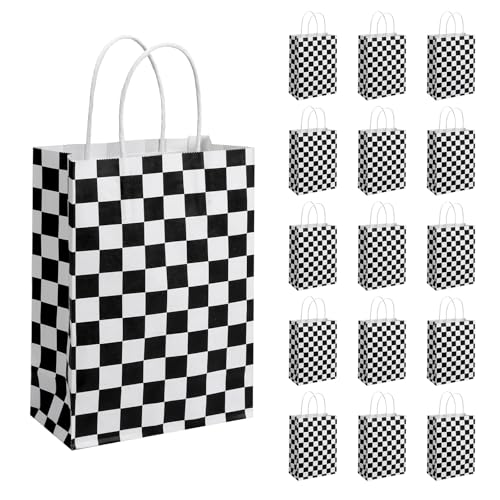 JasperKino 16 Pcs Checkered Racing Treat Bags Race Car Party Favors Bag with Handles Black and White Checkered Racing Flag Candy Bags Goodie Bags for Race Car Themed Birthday Party Supplies