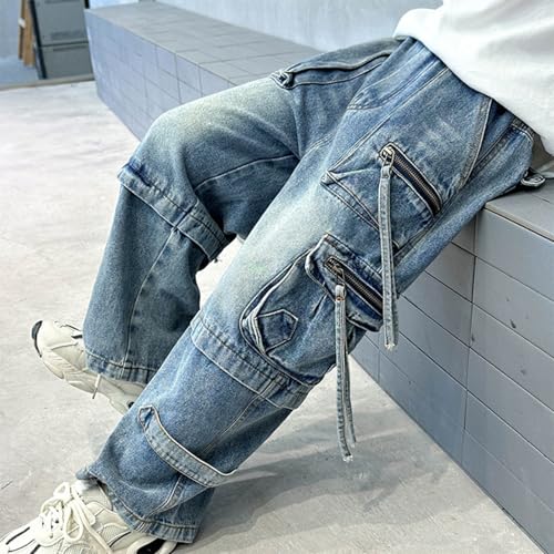Little Boys Cargo Jeans Kids Baggy Vintage Straight Leg Denim Pants with Zipper Pockets Teen Elastic Waisted Trousers Jean2