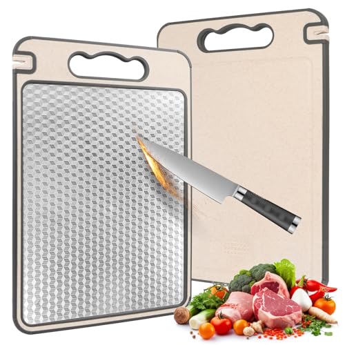 Stainless Steel Chopping Board Double-Sided Chopping Board for Kitchen Scratch-Resistant with Mesh Design Stainless Steel Chopping Board and Wheat Straw Chopping Board with Juice Troughe
