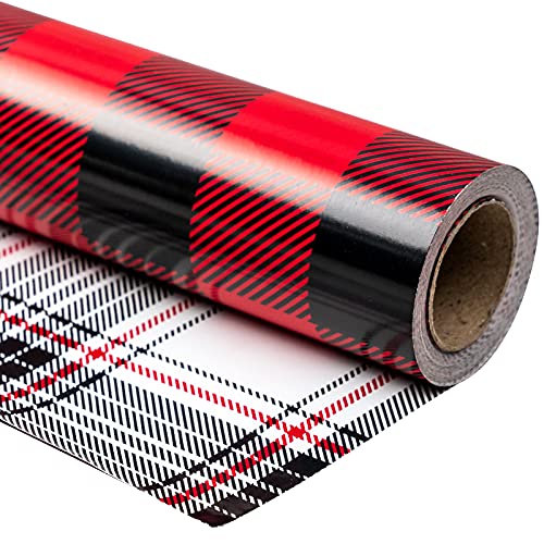 RUSPEPA Papel De Regalo Navideño Reversible - Mini Rollo - 43,2 Cm X 10 M - Diseño A Cuadros Negro Y Rojo Para Vacaciones, Fiestas, Celebraciones
