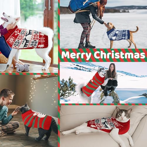 Image of Christmas Dog Sweaters for Small Medium Large Dogs Girl, Soft Warm Pup Dogs Shirt, Turtleneck Double Knitting Collar for Outdoors Playing, Warm Dog Cat Clothes(Red+Blue,XX-Small)