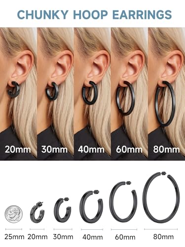 Image of Stainless Steel Chunky Hoop Earrings For Women, Minimalist and Chic, Black /Gold Plated, Round Hoops Earrings Hypoallergenic, Size: 30mm /40mm /60mm /80mm, Come with Box