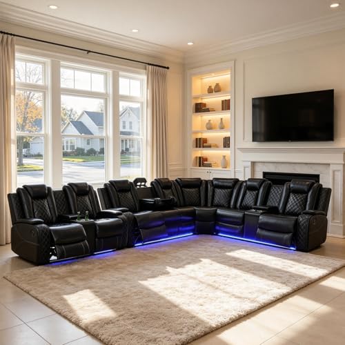 Image of Power Reclining Sectional Couch for Living Room - Seats 8 People, Faux Leather Sectional Recliner Living Room Sofa Set with 4 Power Recliners, LED, USB Ports, Cup Holders, Storage, 500 lb /Seat, Black