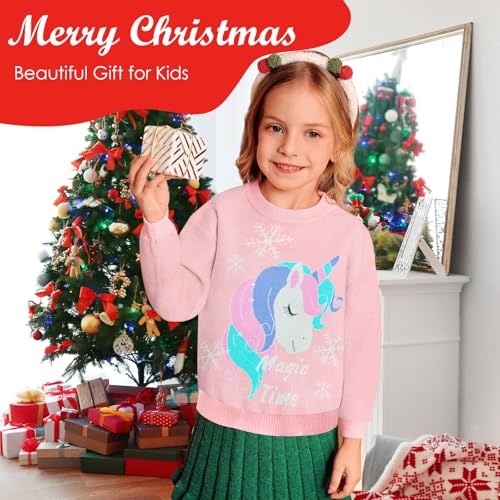 Image of Girls Unicorn Sweaters Kids Long Sleeve Cable Knit Sweater Chunky Pullover Jumper Fall Winter Pink
