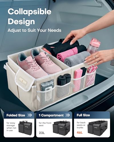 Image of HOTOR Trunk Organizer for Car - Car Organizer, Foldable Trunk organizer for SUVs & Sedans, Sturdy Organization for Car Accessories, Tools, Sundries, Beige, 2 Compartments, 21.3 inchx12.6 inchx10.6 inch