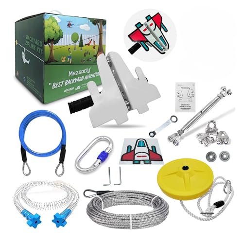 Slackline Set Tyrolienne Enfant Zipline kit 24m 80FT tyrolienne pour Enfants et Adultes, Jeu d'aventure, jusqu'à 150kg résistant, câble de sécurité et Frein à Ressort,Style d'avion Rouge