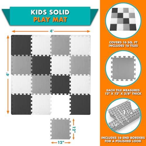 Image of ProSource Baby Play Mat, Soft Foam Floor Tiles for Kids, Interlocking EVA Panels for Playpen Use, Crawling Development Surface, Safe Non-Toxic Toddler Flooring, 16 Tiles, Black /Gray /White
