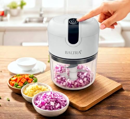 Image of BALTRA Slice Rechargeable Mini Electric Chopper, 250ml Food Grade Bowl, Stainless Steel Blades, One Touch Operation, 3 Stainless Steel Blades for Effortlessly Chopping Vegetables, Fruits 1yr Warranty