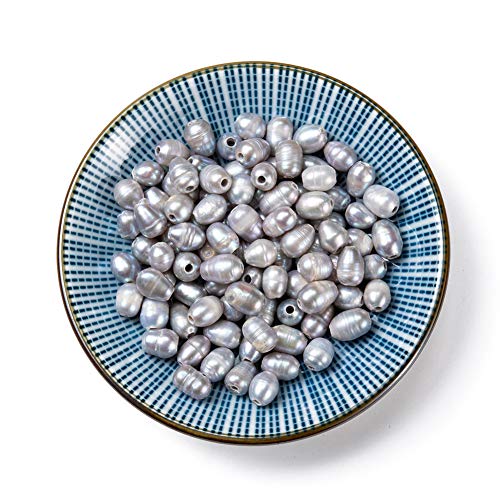 Image of Beadthoven 100pcs Natural Oval Freshwater Pearl Beads 7~10mm Large Hole Rice Shape Pearl Beads for Leather Cord Jewelry Making DIY Crafts 7~10mm (Gray)