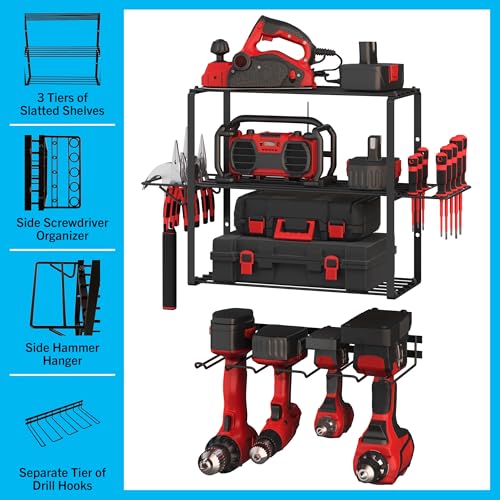 Image of Power Tool Organizer - 4-Tier Garage Shelving Unit with 140lb Max Capacity - Wall Mount Garage Storage System for Tools by Stalwart