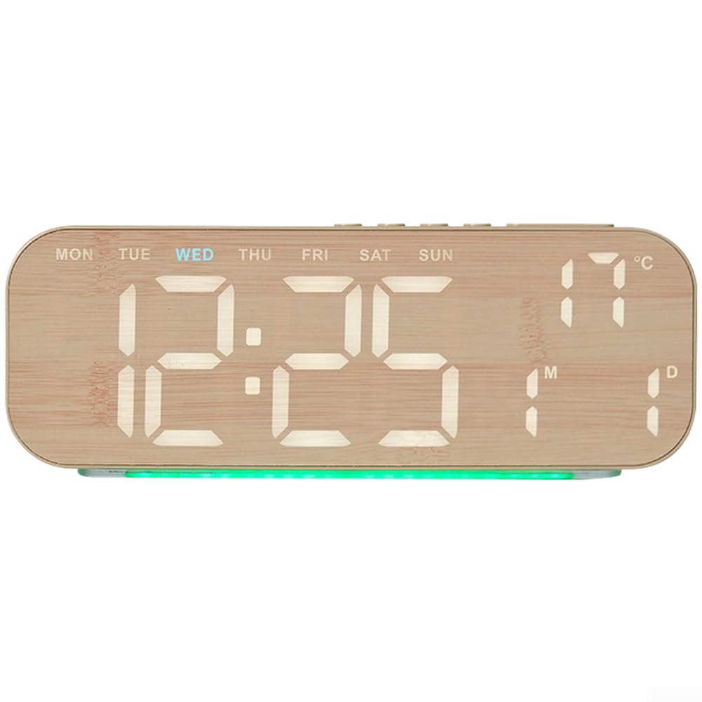 Wooden Style LED Digital Alarm Clock, Large Screen with Calendar and Temperature, Dual Alarm Function, Adjustable Brightness(C)