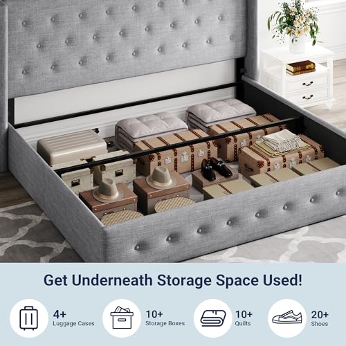 Image of Allewie King Size Lift Up Storage Bed, Button Tufted Headboard with Wingback, Hydraulic Support, No Box Spring Needed, Light Grey