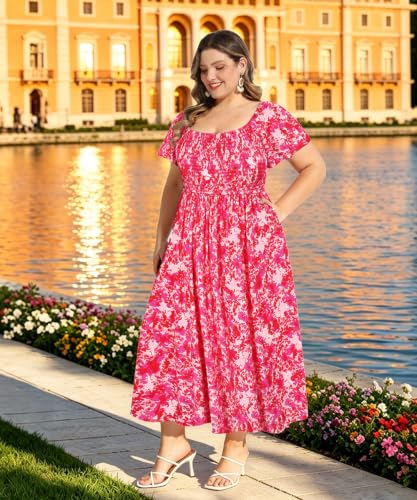 Image of RITERA Plus Size Dresses for Curvy Women Square Neck Short Sleeve Summer Floral Smocked Maxi Dress with Pocket XL-5XL