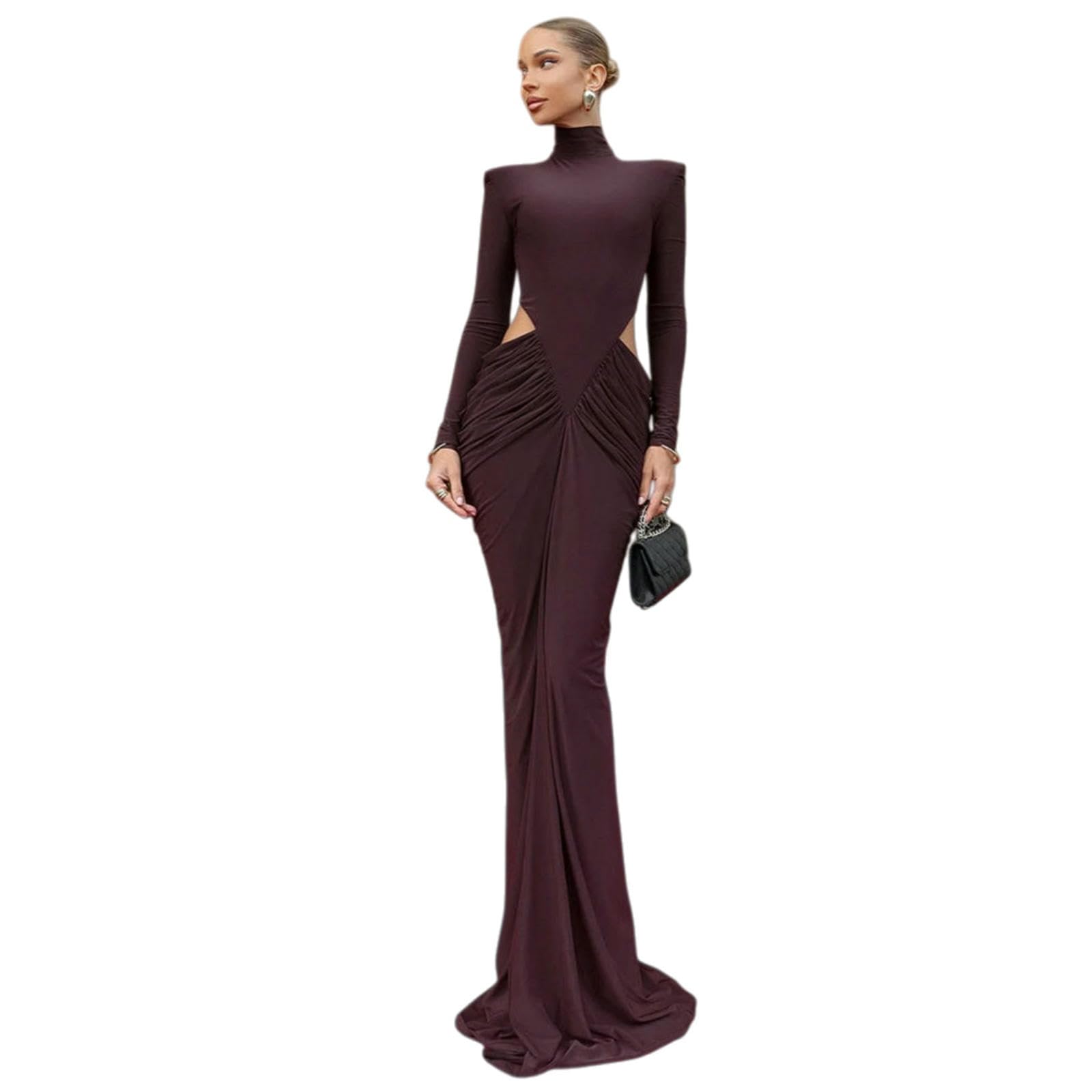 Vestito Brown Cutout Bodycon Maxi Abito per Le Donne - Manica Lunga Ruched Spalla Pad da Sera Festa-Brown-s