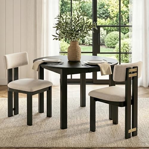 Image of HNY Modern Farmhouse Linen Dining Chairs Set of 2, Beige Fabric Upholstered Dining Room Kitchen Chairs with Black Wood Frame & Curved-Back, Armless Accent Wood Chairs for Dining Living Room