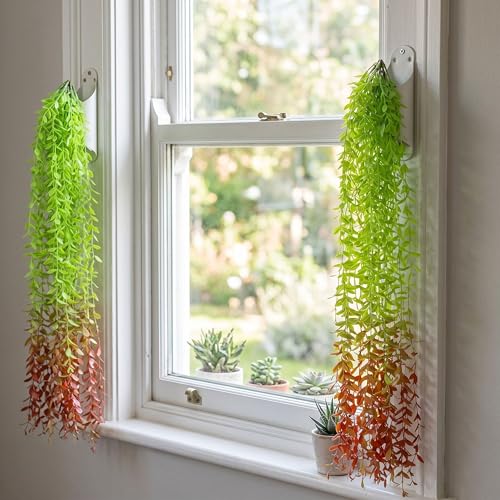 Image of Dekorly 75CM Artificial RainFlow Ivy Hanging Vines (Pack of 4) | Lush Green Cascading Creeper for Home & Balcony Decor (Rainflow Red Tail Vines)