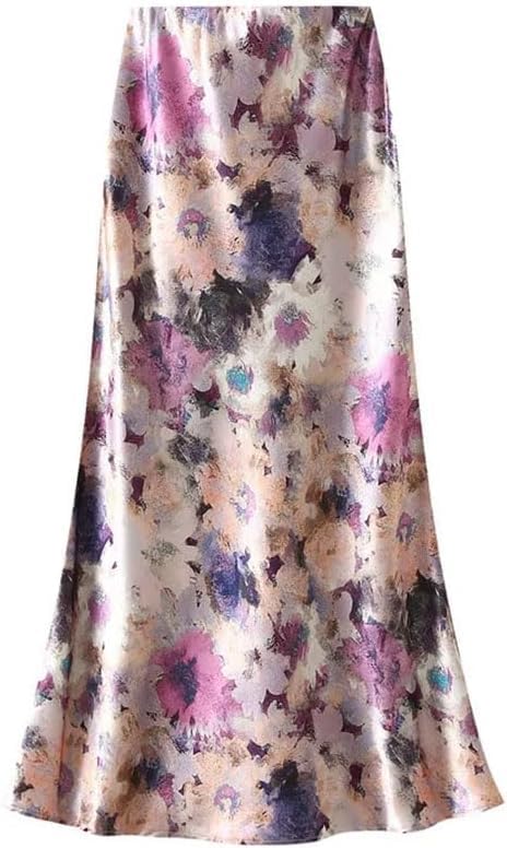 Women's Floral Satin A-Line Ankle-Length Skirt with High Waist Casual4