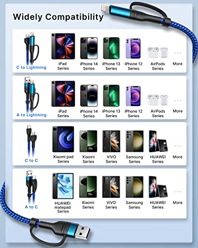 Image of 4 in 1 Charging Cable, 60W USB C to Lightning Cable 3FT, USB A /C to C /Lightning Multi Charging Cable Fast Charging for MacBook Pro /iPad Pro /Samsung S25 S24 /Switch 2,Blue