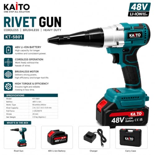 Image of KAITO KT-5801 Cordless Brushless Rivet Gun 48V Li-ion | 2x 48V 5.0Ah Batteries, 20,000N Pull Force, Includes Fast Charger, 2.4-4.8mm Rivet Size, Carry Case Included