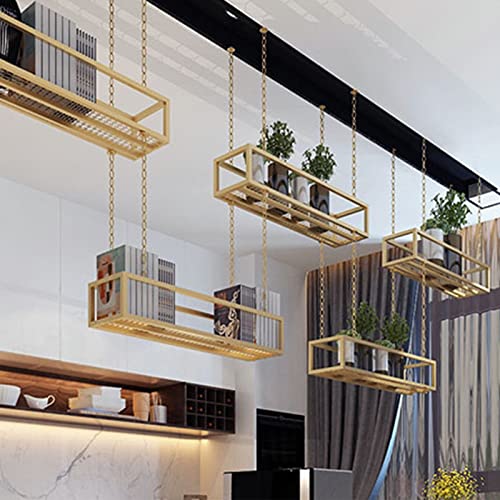 Estante dorado para colgar en el techo, soporte flotante para flores y estante de almacenamiento de cocina con cadena, parte inferior de rejilla para libros, decoración de interiores, 120 x 25 x 15 cm