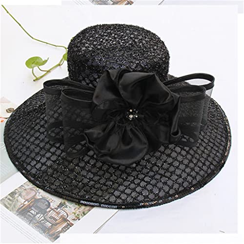 Chapeau en gaze de soie anti-soleil à grand bord aéré doté d'une fleur brillante amovible