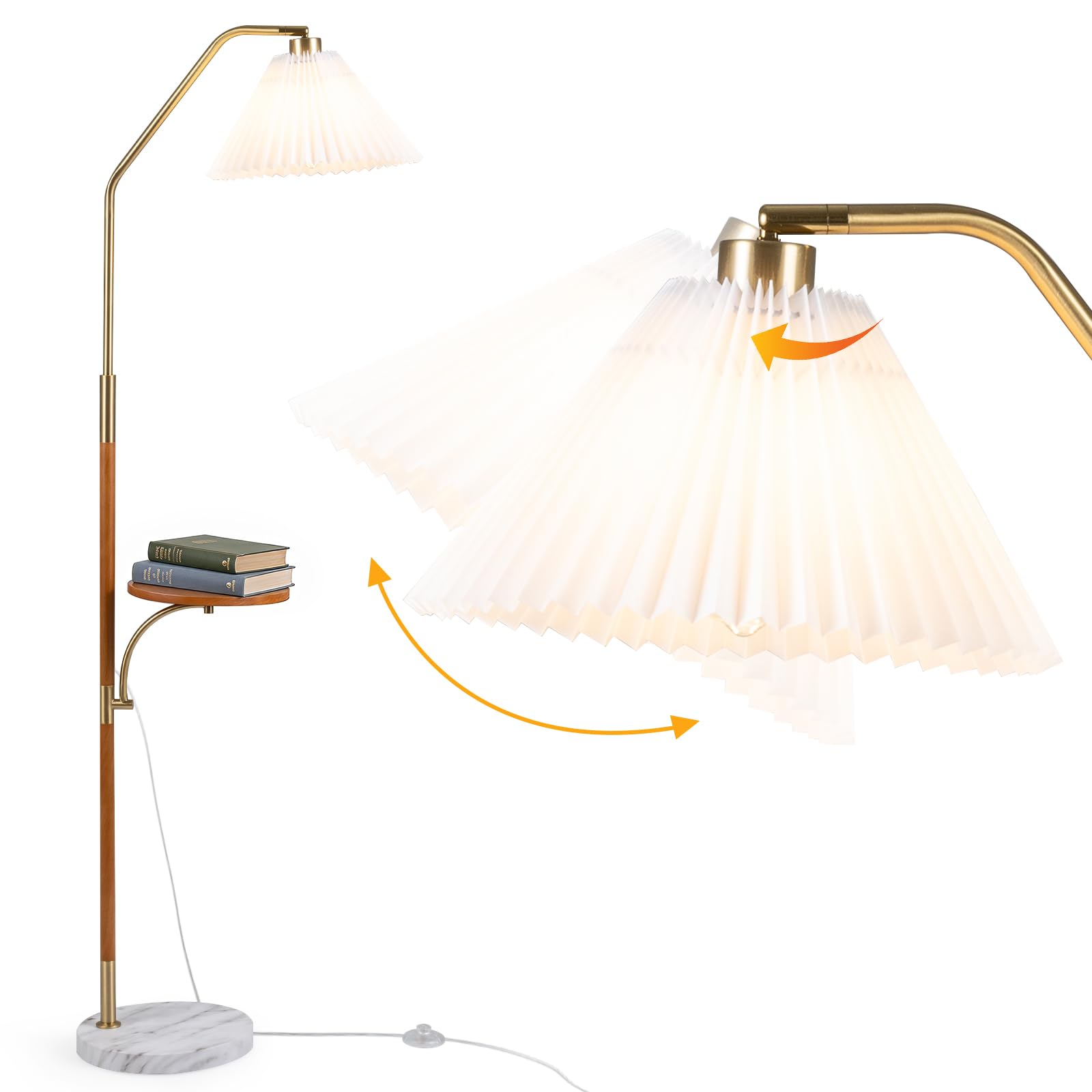 COSTWAY 160 cm lampa stojąca z plisowaną papierowym abażurem, półka, oprawa