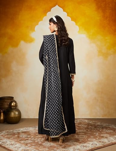 Image of Amazon Brand - Myx Women's Embroidered Anarkali Kurta Pant Set with Organza Dupatta | A-line fit (Available in Plus Sizes)