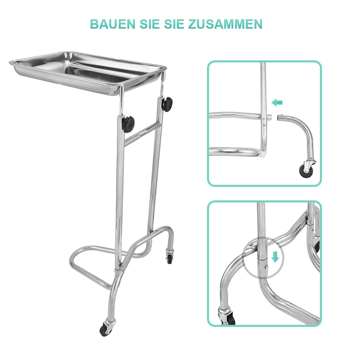 Carrello da salone, vassoi medici, realizzato in acciaio inossidabile di alta qualità, l'altezza del carrello è regolabile nell'intervallo da 86 cm a 143 cm. Le dimensioni del vassoio sono: 49