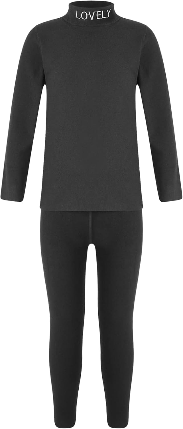 easyforever Youth Boys Girls Thermal Underwear Set Base Layer Letter Print Turtleneck Long Sleeve Shirt with Pants