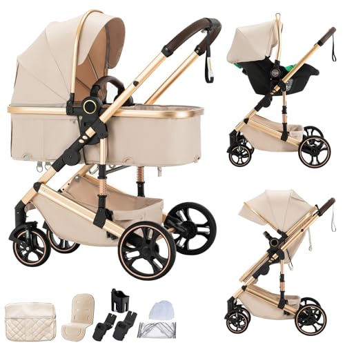 BEBBY Cochecito de bebé 3 en 1,Carrito Bebe 3 en 1 Con Asiento, Cochecitos Portátil Plegable Con, Carricoche Combinado Paisaje Alto Marco de Aluminio Para Recién Nacido (H9-BEIGE-N, H9)