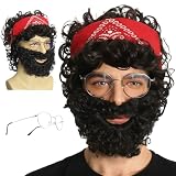 FATMAUI Mens Short Curly Realistic Halloween Costume Beard Wig with Headband and Glasses