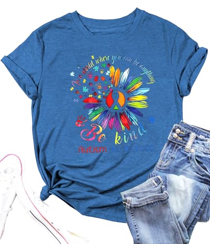 Be Kind Shirts for Women Autism Awareness T Shirts Autism Support Love Shirt Casual Graphic Tees Gifts(ZBZ-Blue62,X-Large)
