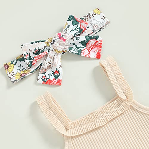 Bagilaanoe Infant Baby Girl Clothes Summer Outfit Solid Ribbed Sleeveless Romper Flared Pants Bell Bottoms Headband 3Pcs Set (Apricot, 6-12 Months) #TOP1
