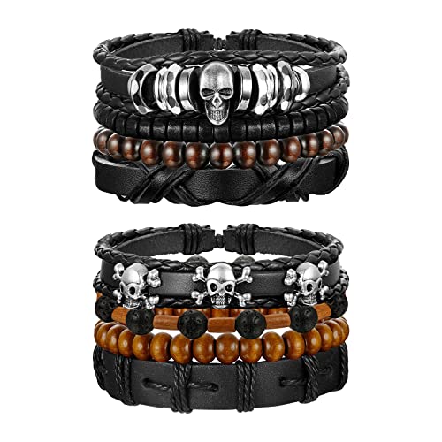 PROJEWE 8 Pièces Bracelet en Cuir pour Hommes Femmes Bracelet Perlé Bracelet Tête de Mort Bracelet Vintage Réglable Bracelet Unisexe Cover