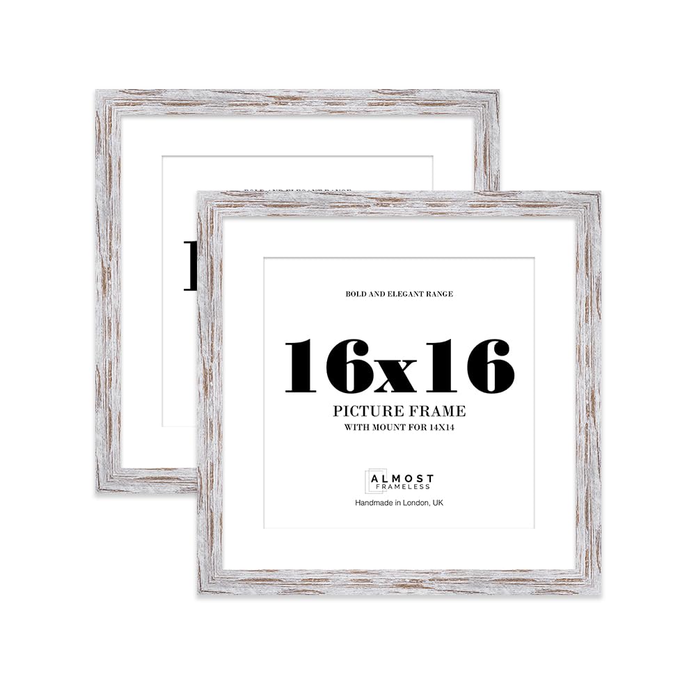 16x16" Distressed Wood Square Frame With Mount for 14x14" Pictures 28mm Edge Frame Display with Wall Hooks, 2 Pack